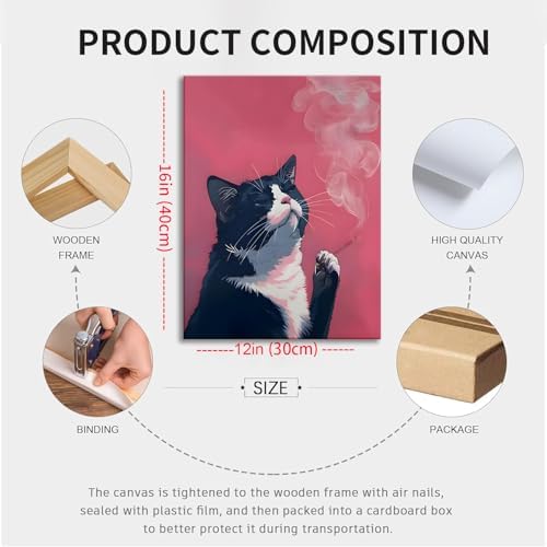 Framed Funny Black Cat Wall Art Canvas Print, pink Cool Cat Illustration Poster Wall Decor, Quirky Modern Cat Artwork for Living Room Bedroom Bathroom Kitchen Decor 12x16 Inch