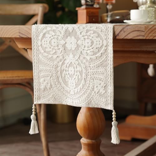 Coffee Table Runner Embroidered Boho Dresser Scarf, Beige 14"x38"