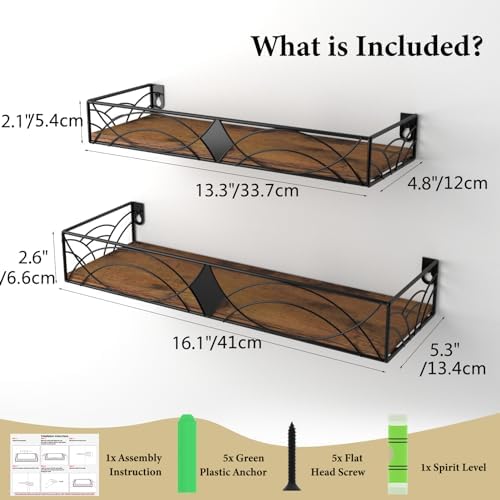 HORLIMER Floating Shelves for Wall Set of 2, Wooden Wall Shelves with Bars, Rustic Wall Mounted Shelves for Kitchen, Bathroom, Bedroom, Living Room, Rhombic Style
