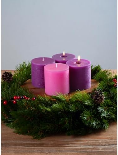 CANDWAX 3x3 Inch Advent Pillar Candles Set of 4 - Long Burning Dripless Unscented Pillar Candles - Rustic Style for Advent Wreaths, Christmas Décor - 3 Purple and 1 Pink Pillars