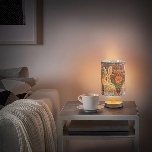 Bunny Rabbit Floral Field Table Lamp with Wood Base Fabric Lamp Shade Bedside Desk Lamp for Living Room Bedroom Kids Room Office