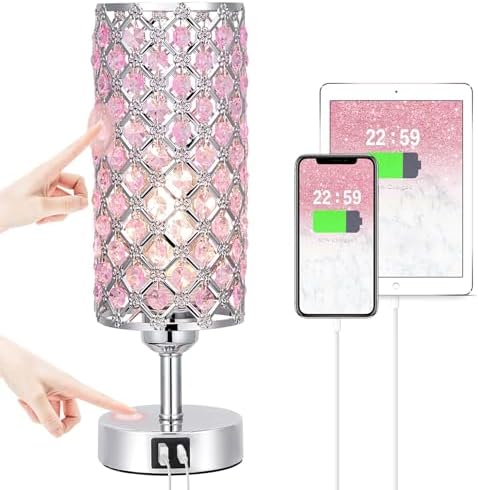 Hong-in Pink Crystal Touch Lamp with USB C+A, 3-Way Dimmable Bedside Lamp