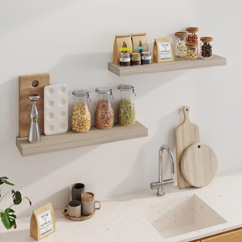 Fun Memories Floating Shelves for Wall, 32Inch Floating Shelves Set of 2, Hanging Shelf with Invisible Brackets, Wood Shelves for Living Room, Bedroom, Kitchen, Grey