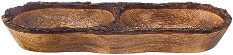 Natural Wooden Tray, Serving Bowl for Salad, Veggies and Fruits, Large Deep Tray for Family, Party (Bark Edge with Two Compartments)