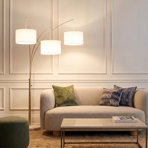 Brightech Trilage Arc Floor Lamp - Large Standing Lamp with 3 Fabric Shades & LED Bulbs for Living Room Over the Sofa, Reading, Multi-Head Traditional Tree Floor Lamp for Bedroom - Brass