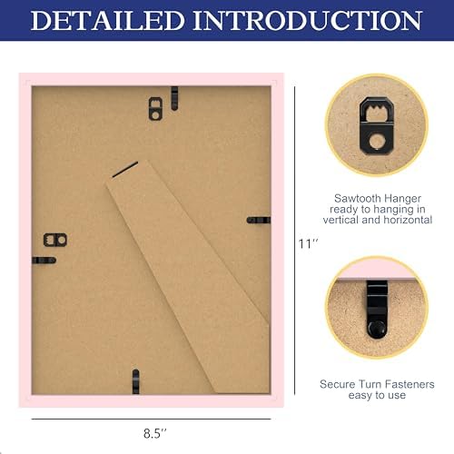 An&He 8.5 x 11 Picture Frame, Wood Photo Frame with HD Tempered Glass for Wall and Tabletop Display, Pink, 1Pack
