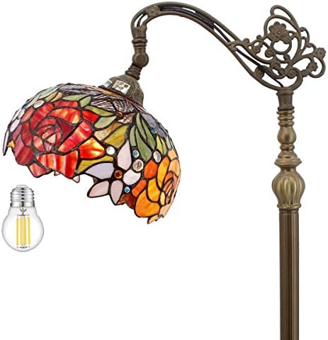 WERFACTORY Tiffany Floor Lamp Red Rose Flower Stained Glass Arched Lamp