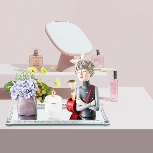Mirror Perfume Tray for Dresser,Silver Crushed Diamond Filled