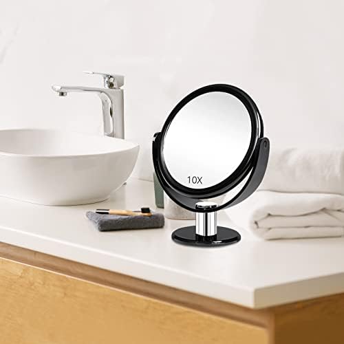 Magnifying Makeup Double Sided Mirror 1x 10x Magnification Desk Mirror 6'' | Fabuday Tabletop Magnified Mirror with Stand, Two Side Cosmetic Vanity Acrylic Mirror, 360° Rotation, Black