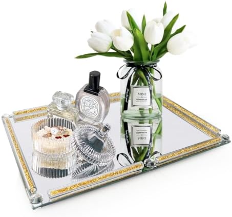 Large Mirror Perfume Tray for Dresser,Gold Crushed Diamond Filled