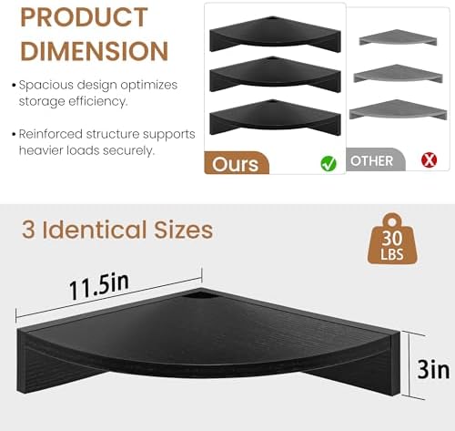 Fun Memories Corner Shelf Wall Mount, Wood Floating Corner Shelves, Corner Wall Shelf for Bedroom, Bathroom, Kitchen, Living Room (Black, 3 Pack)