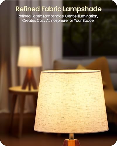 Tripod Table Lamp, 14.6 Inch Small Bedside Lamp with Beige Linen Shade, Modern Nightstand Lamp for Bedroom, Kids Room, Living Room, Nursery, Office, E26 Socket, Dark Wood Base, LE51TL05