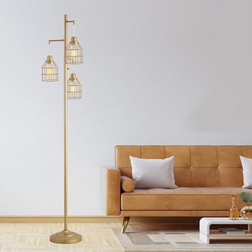9MMML Golden Dimmable Floor Lamp,Industrial Gold Farmhouse Tall Standing Lamp for Living Room, Bedroom Office,3 Teardrop Cage Lampshade,3 LED Bulbs Inculded, 68'' Tall