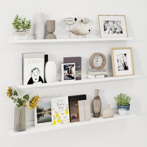 Axeman Picture Ledge Shelf, 48 Inch White Floating Shelves Set of 3