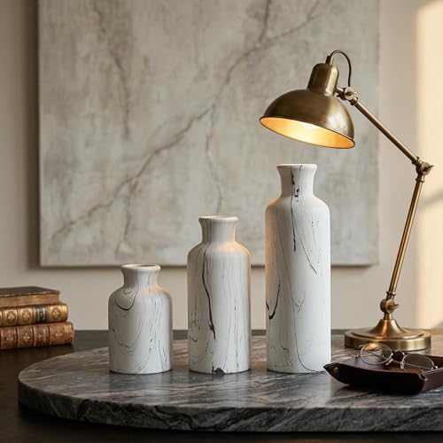 White Marble Look Vase Set of 3, Modern Ceramic Flower Vase for Home Decor, Decorative Vase for Table Entryway Mantel Centerpiece Living Room Bathroom Bedroom (White Gray Marble)