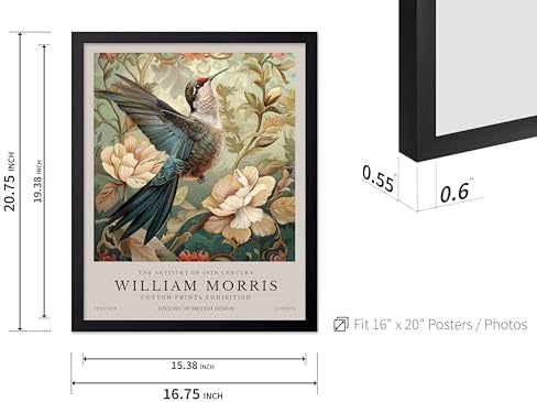 Poster Master William Morris Poster - Hummingbird Print - Bird Art - Botanical Art - Flower Design - Exhibition Artwork - Animal Illustration - Floral Illustration - Aesthetic Office or Bedroom Decor - 16x20 Black Framed