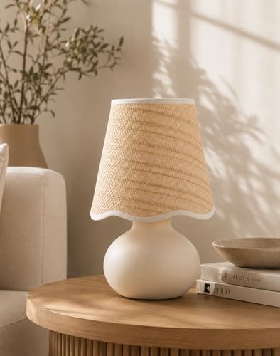 11" Small Mini Boho Table Lamp – Handmade Ceramic Cream Base with Scallop Woven Rattan Shade, Dimmable Plug-In Accent Light for Bedroom, Nightstand, Small Spaces, Kitchen Counter, Bookshelf