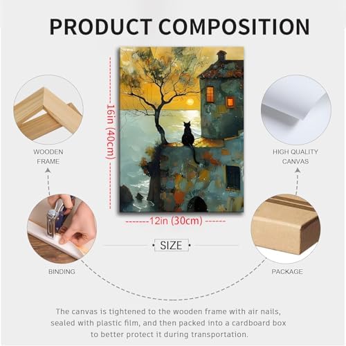 Framed Cat Watching Sunset Wall Art, Black Cat Silhouette Canvas Print Picture, Vintage Coastal Landscape Oil Painting Style, Cat Wall Decor for Living Room Bedroom 12x16 Inch