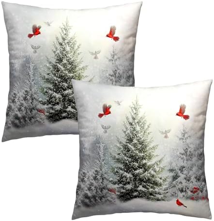 Winter Snowy Pine Tree Throw Pillow Covers 24x24 inch Set of 2 Xmas Red Cardinals Cotton Pillowcase Christma Snow Scene Flying Birds Cushion Cases for Home Sofa
