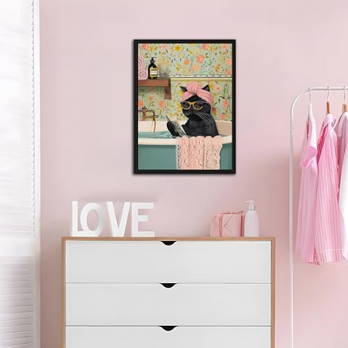 Floating Framed Bathroom Cat Canvas Wall Art, Funny Black Cat Reading Wall Decor, Cute Animal Prints Pictures Posters for Living Room Bedroom Toilet Kids Room Paintings 12x16 inch