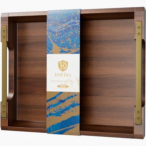 Acacia Wood Serving Tray with Metal Handles, 17x13in Large Ottoman Tray, Food Drinks Tray for Coffee Table, Breakfast, Dinner & Bar, Rustic Decorative Tray for Kitchen, Bedroom Gift Box