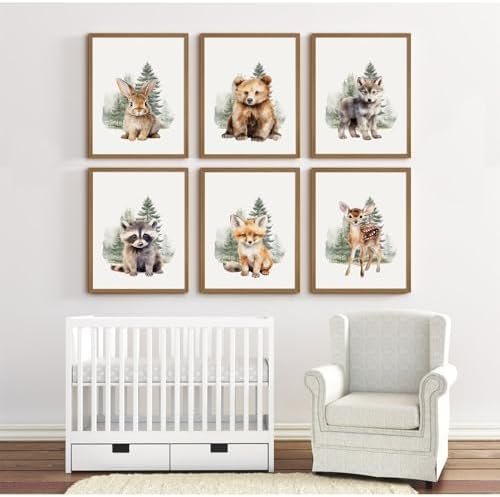 Woodland Animal Nursery Wall Art Decor Set of 6 Baby Boys Room Wall Art Forest Animal Canvas Wall Decor Kids Art Prints Watercolor Bear Deer Fox Pictures Artwork for Bedroom 12x16 Inch Wood Framed