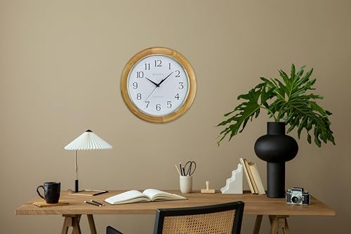 Bulova C5005 Wooden Atomic Analog Wall Clock | Automatically Sets Time | Large Roman Numerals | Battery Operated | Traditional Design