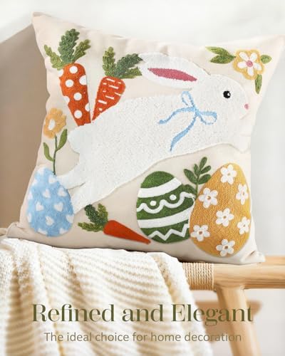 Easter Pillow Cover 18x18 Inch – Embroidered Spring Throw Pillow Cover Eggs Rabbit Carrots Farmhouse Decorative Easter Cushion Case with Hidden Zipper for Couch, Sofa, or Living Room(1 Pack)