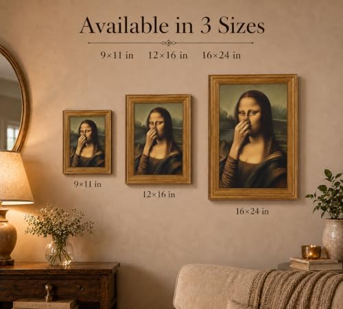 CXKAWM Gold Framed Funny Mona Lisa Holding Nose Bathroom Wall Art12 x 16 in | Mona Lisa Bathroom Wall Decor Picture Humor Amusing Toilet Poster Print for Restroom Bathroom Home decoration