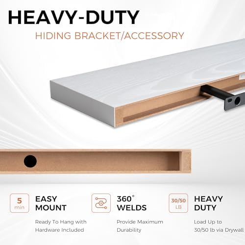Fun Memories 27.5 Inch Deep Floating Shelves, Set of 2 Heavy Duty Wall Mounted Shelves with Invisible Brackets, Large Rustic Wood Storage Bookshelf for Living Room, Bathroom and Kitchen, White