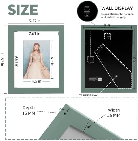 Muzilife Green 8x10 Wood Picture Frame with Mat, Real Glass Cover, 1 Pack