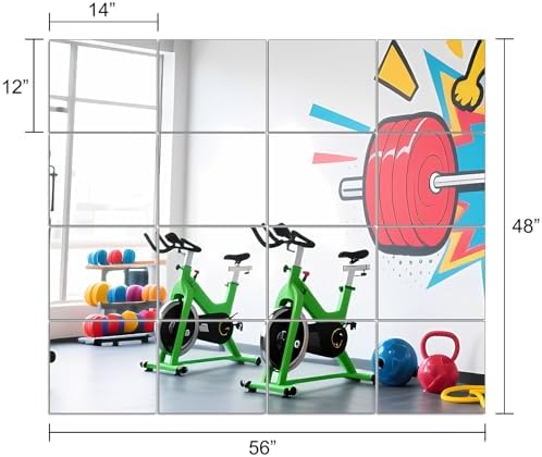 Ruomeng Home Gym Mirrors 14" x 12" x 16Pcs Wall Mounted Mirror Glass Frameless Full Length Mirror Tiles for Home Gym, Bedroom, Door & Bathroom | Workout Mirror Tiles for Garage, Bedroom, Living Room, Over The Door, Frameless Mirror Sets