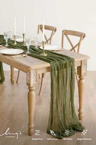 Ling's Moment Moss Green Gauze Cheesecloth Table Runner, 14FT (168 Inch)