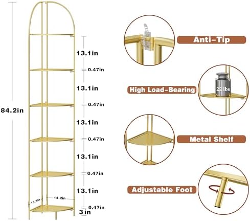 Crofy 6-Tier Foldable Corner Shelf, Metal Gold Frame & Shelves