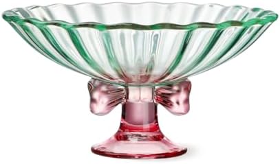 Glass Fruit Bowl. 9 inch Glass Pedestal Bowl. Elegant Bow Decoration Multicolor Salad Plate. Suitable for Fruit, Dessert, Candy, Snack & More. (Green & Pink)
