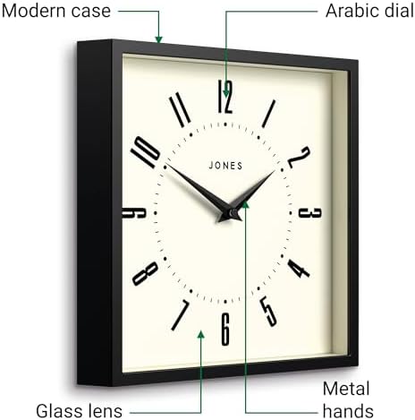JONES CLOCKS® Box wall Clock | Retro Square Clock | 10" | Black | Easy to Read Numbers | Perfect Kitchen Clock or Office Clock