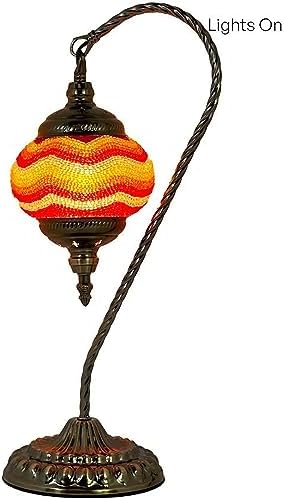 SILVERFEVER Handcrafted Mosaic Turkish Lamp Moroccan Glass Table Desk Bedside Light Bronze Base with E12 Bulb (Red Yellow Lines Lattern)