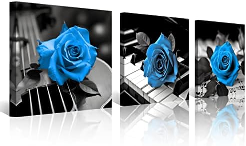 NAN Wind Blue Wall Decor for Living Room Blue Bathroom Accessories Black and White Canvas Wall Art Blue Rose Music Pictures Bedroom Decor Modern Painting Kitchen Home Decorations 20x20 3 Pcs/Set