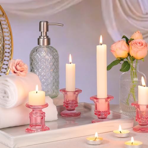 Lanttu 12 Pcs Pink Candlestick Holders Bulk Glass Candle Holders 2.9"x3.08"