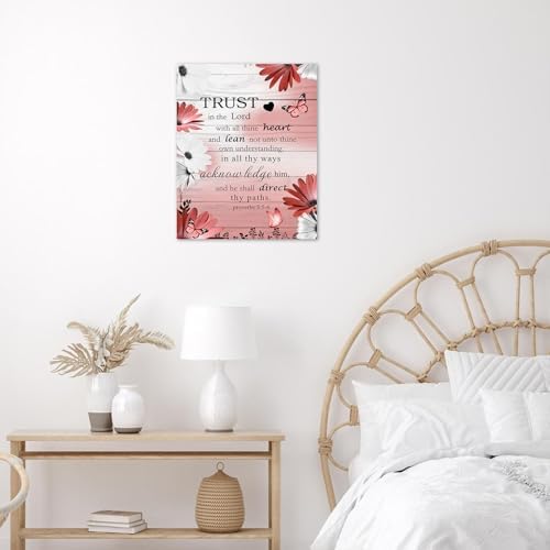 LB Country Bible Verse Wall Art for Bathroom Red Floral on Retro Grey Wood Canvas Wall Art Wall Paintings Home Decor Butterfly Wall Pictures for Living Room Bedroom Office Ready To Hang,12x12 Inch