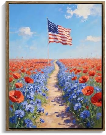 American Flag Framed Canvas Wall Art, 4th of July Patriotic Canvas Prints | Wildflower Field Landscape Poster Print, Vintage Rustic Independence Day Wall Decor for Bedroom Living Room 12×16in