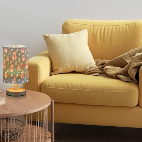 Christmas Brown Bear Bedside Table Lamps with USB Port for Bedroom Lamp Table Lamp Small Nightstand Lamp Snowflake&Fir Trees Patterned Linen Shade Wooden Decorative Lamps for Kids|Reading|Dorm|Home