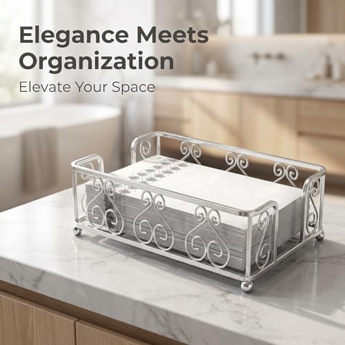 Guest Towel Holder Tray for Bathroom Countertop, Silver Napkin