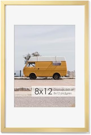 Fun Memories 8x12 Metal Picture Frame- 8x12 Aluminum Photo Frames with 6x8 Mat, High-Definition Plexiglass Front, and Hanging Hardware - Ideal for Wall or Tabletop Display (Gold, Pack of 1)