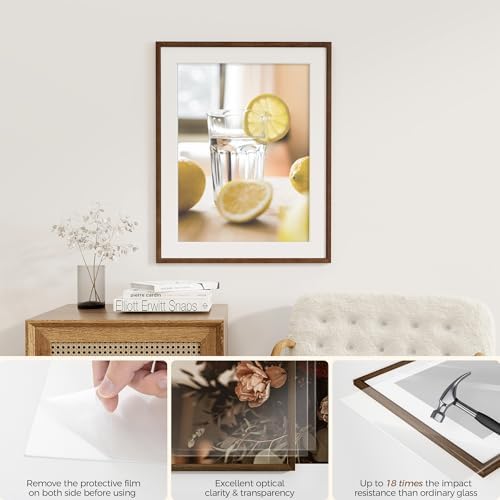 Fun Memories 22x28 Poster Frame, Solid Oak Wood 22x28 Frame Matted to 18x24, 22"x28" Wood Frame with Wall Hook Included (Walnut, 1 Pack)