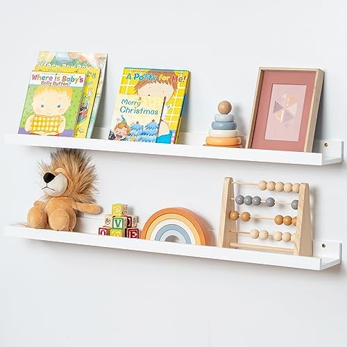 FLYJOE Picture Ledge Shelf for Wall, 36 inch Solid Ash Wood Nursery Book Shelves 2 Packs, Floating Shelves for Kids' Room Bedroom Bathroom Living Room Photo Frames Office Nursey Wall Decor, White