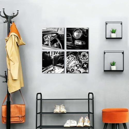 Black and White Wall Decor for Men Bedroom Decor Retro Car Posters Vintage Steering Wheel Picture Classic Car Engines Canvas Prints Painting Industrial Artwork for Boy Room Home Decoration 16x16" 4Pcs