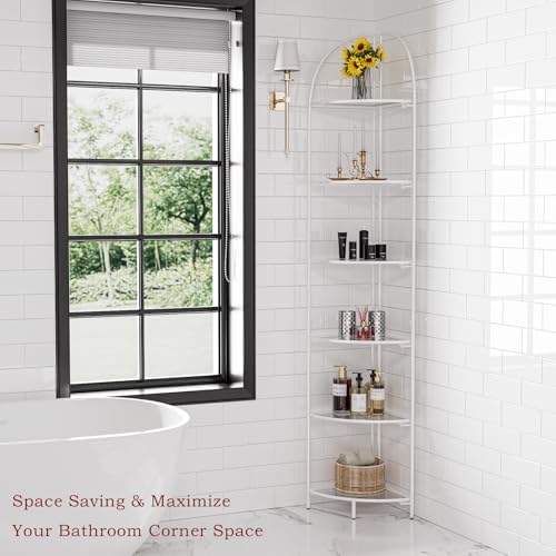 Crofy 6-Tier Foldable Corner Shelf, Metal White Frame & Transparent Shelves