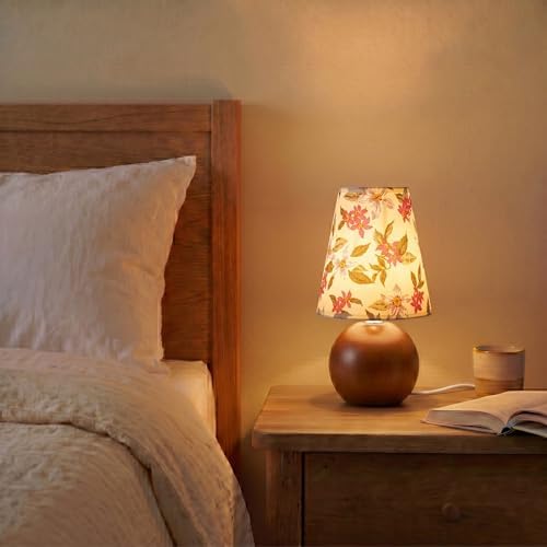 Vintage Wooden Night Lamp, Wood Base Fabric Lampshade, Adjustable Light Color and Brightness with Power-Off Memory, Safe USB Powered, Retro LED Table Light for Bedroom Living Room Office (Red Flowers)