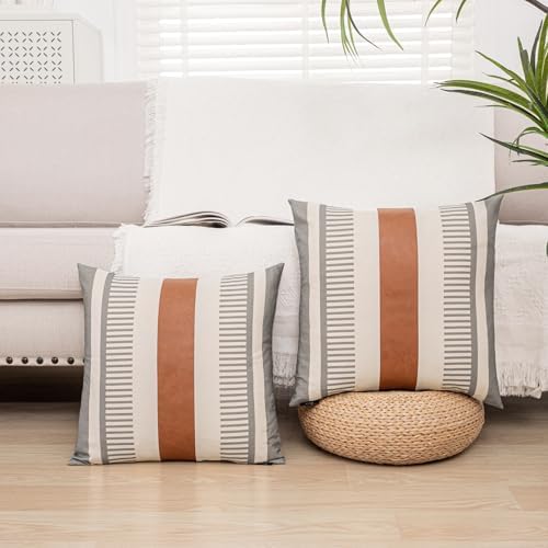 2 Pack 20x20 Inch Pillow Covers - Brown Faux Leather & Gray Stripe Print Soft Canvas Splicing, Same Pattern Both Sides | for Sofa Couch Bed Living Room, Farmhouse Industrial Minimalist Decor